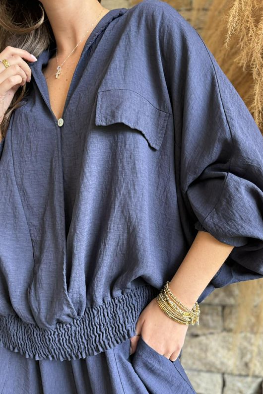 Basso Button Drape Batwing Shirt Navy